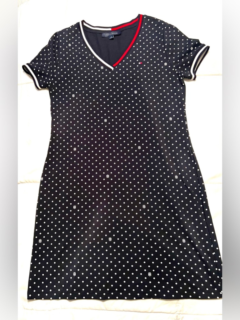 Tommy‎ Hilfiger Navy and White Polka Dot V‑Neck Dress with Red Trim-Size Medium